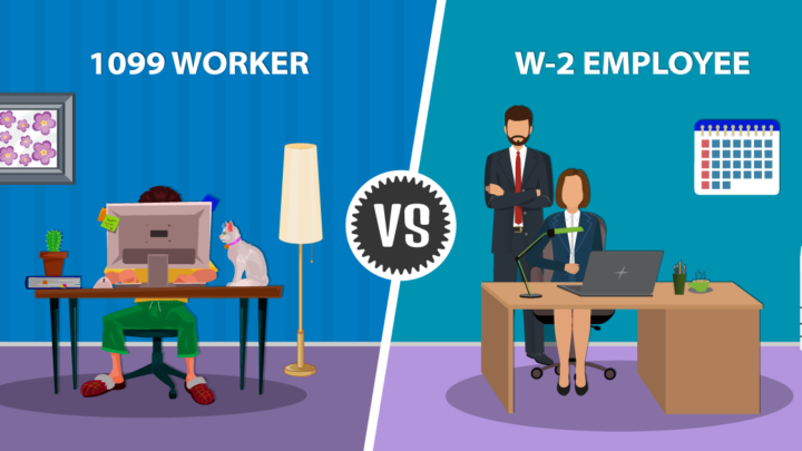 Illustration comparing a 1099 independent contractor and a W-2 employee under California law