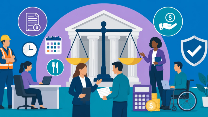 Illustration of a lawyer and worker reviewing a paycheck before a courthouse and scales of justice, representing California wage and hour penalties.