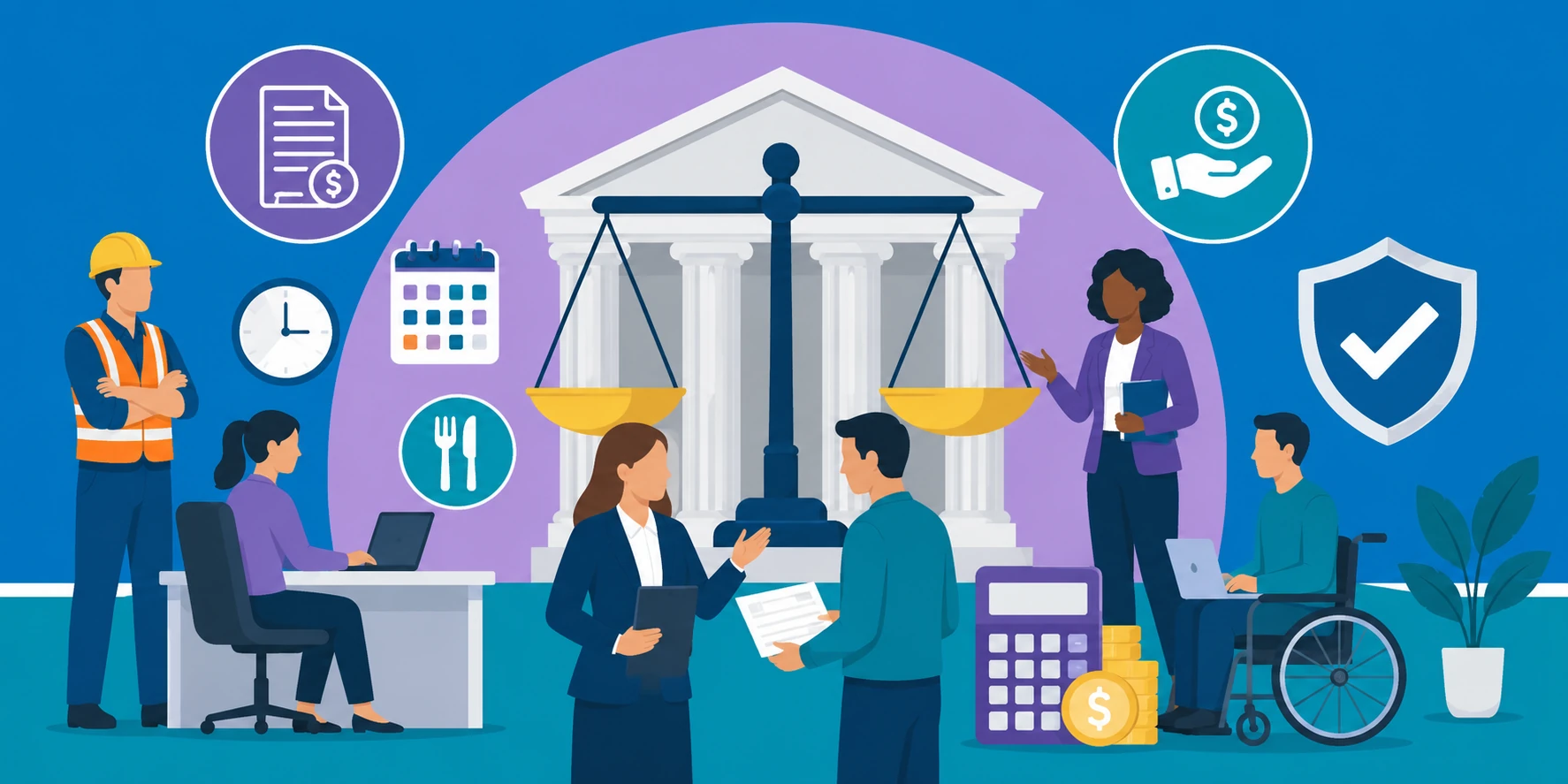 Illustration of a lawyer and worker reviewing a paycheck before a courthouse and scales of justice, representing California wage and hour penalties.