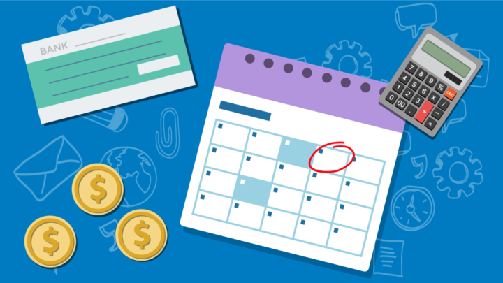 Calendario y cheque de pago que representan las leyes de días y períodos de pago en California