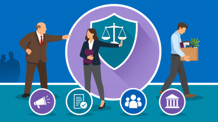 Illustration of a California worker being pushed out of a job after filing a workplace complaint, representing unlawful retaliation.