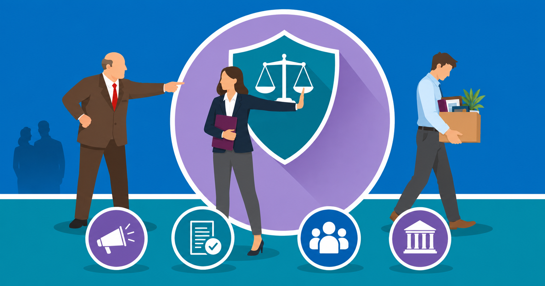 Illustration of a California worker being pushed out of a job after filing a workplace complaint, representing unlawful retaliation.