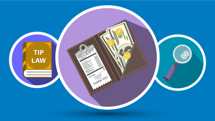 Illustration of restaurant workers sharing pooled tips under California law.